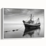 Framed canvas featuring a vintage sailboat on a muted black and white seascape, ideal for bedroom wall art.