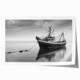 Rolled print of a sailboat on calm waters, utilizing muted blue and white tones, suitable for dining room wall art.