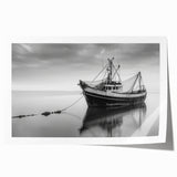 Rolled print of a sailboat on calm waters, utilizing muted blue and white tones, suitable for dining room wall art.