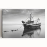 Black and white photograph of a sailboat on a calm sea, printed on large stretched canvas, suitable for kitchen wall art.