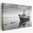 Sailboat on calm waters depicted in muted blue and white tones on a stretched canvas, suited for kitchen wall art.