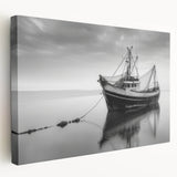 Sailboat on calm waters depicted in muted blue and white tones on a stretched canvas, suited for kitchen wall art.