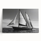 Black and white photo of a sailboat on a stretched canvas, ideal for kitchen wall art or bedroom decor.