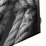 Large abstract sailboat print in muted blue and white, acrylic glass, mid-century modernist style, ideal for dining room art.