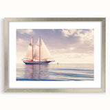Abstract art print of a sailboat in silver frame, featuring cool blue and white tones, ideal for dining room decor.