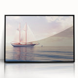 Large abstract wall art depicting a sailboat, rendered in bold black and white tones on a framed acrylic.