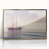 Mid-century modernist style sailboat on acrylic print with gold frame, featuring navy and white tones.