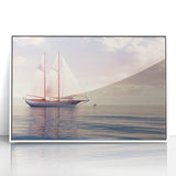 Mid-century modernist style large art print of a sailboat, using muted blue and white tones on framed acrylic.