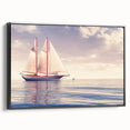 Framed canvas featuring a black and white vintage sailboat on the water, ideal for bedroom landscape art.