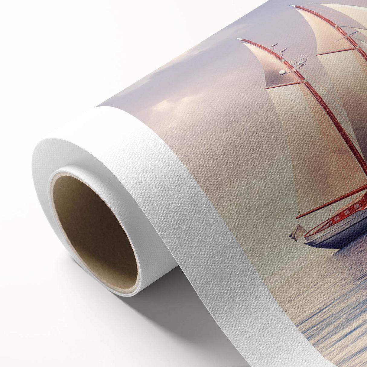 Art deco style sailboat poster in pastel blue and white tones on rolled canvas, ideal for nursery wall art.