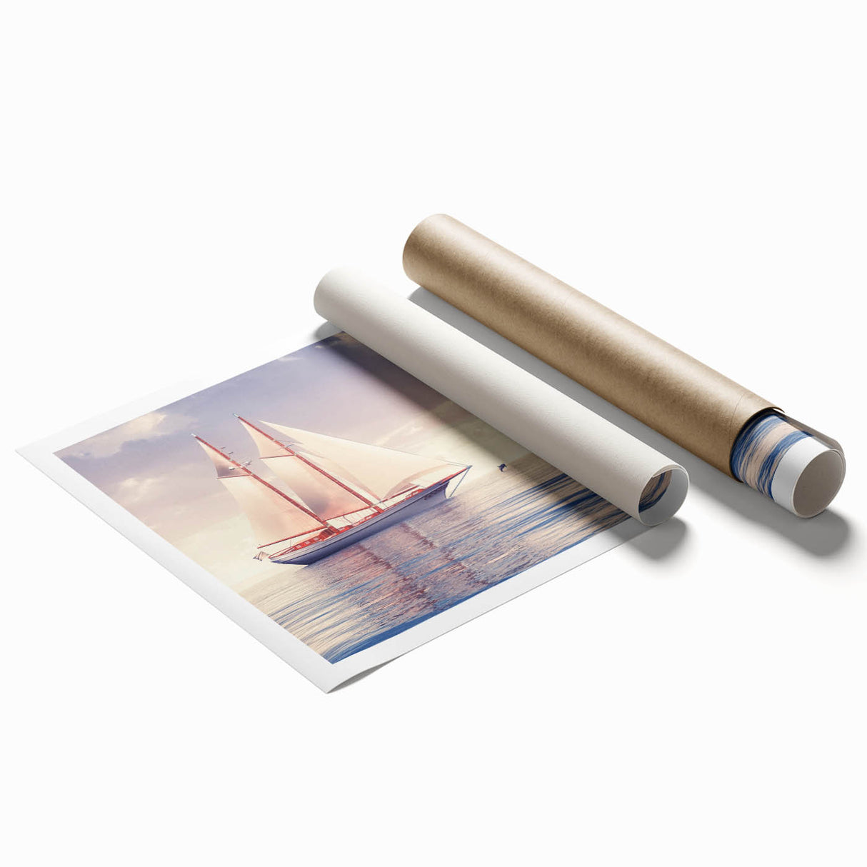 Extra large wall art featuring a sailboat on a serene lake, in muted blue and gray tones on rolled canvas.