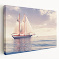 Sailboat on a calm sea depicted in muted blue and white tones on stretched canvas, suitable for kitchen wall decor.