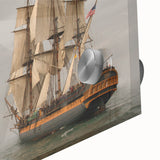 Large abstract wall art of a ship in muted blue and gray tones on acrylic glass, ideal for bedroom or dining room decor.