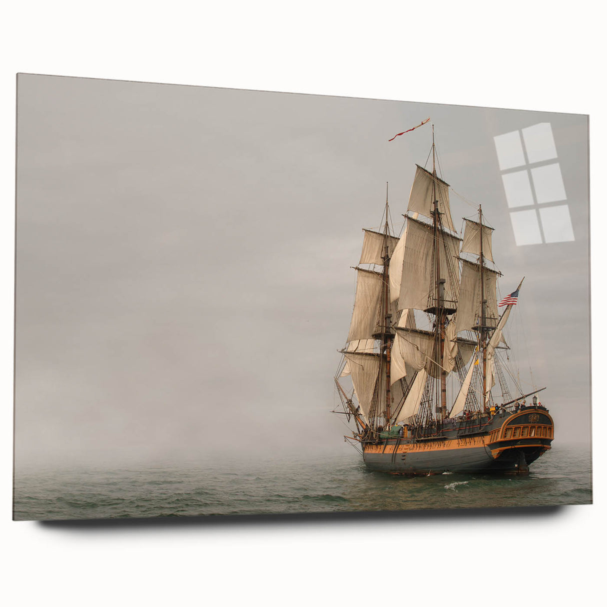 Large abstract wall art of a ship in muted gray and blue tones on acrylic glass, ideal for dining room decor.