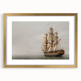 Abstract textured art print of a stylized boat in gold and blue tones on a framed canvas, ideal for bedroom wall decor.