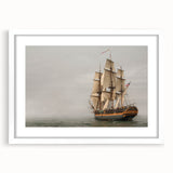 Extra large abstract art print of a ship, with textured blue and white tones, framed in white, ideal for living room decor.