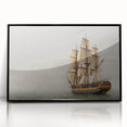 Large abstract wall art featuring a stylized ship in muted blue and gray on a framed acrylic.