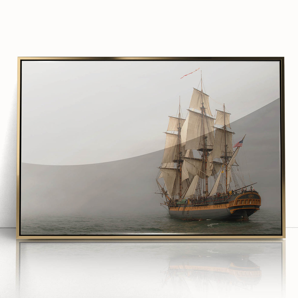 Mid-century modernist art deco poster featuring a stylized ship in gold and navy, acrylic framed, ideal for nursery wall art.