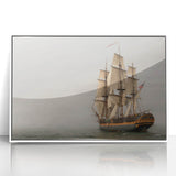 Framed acrylic print of a mid-century modernist ship design in muted blue tones, ideal for nursery wall art.