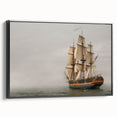 Black and white vintage poster art of a ship on a framed canvas, ideal for bedroom wall decor.
