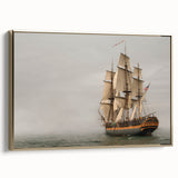 Framed canvas featuring a vintage ship in colorful art style on a black background, ideal for office decor.