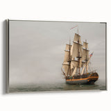 Framed vintage poster art of a colorful ship, rendered in black with vibrant accents, ideal for living room decor.