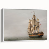 Framed canvas wall art featuring a vintage black ship on a muted landscape background, ideal for bedroom decor.