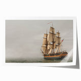 Extra large rolled print of a ship on calm waters in muted blue and gray tones, ideal for dining room wall art.