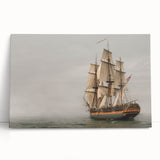 Black and white photo of a ship on stretched canvas, ideal for kitchen wall art or bedroom decor.