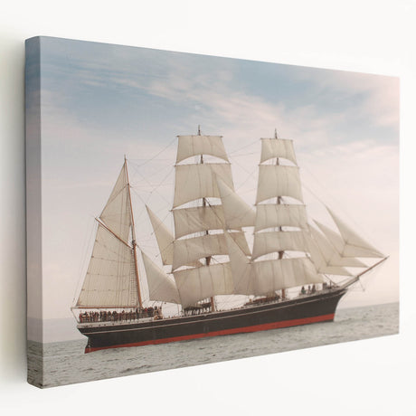 Large art print of a vintage ship on a stretched canvas, featuring muted oceanic tones, ideal for kitchen wall art.