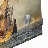 Large abstract wall art on acrylic glass depicting a ship in muted blues and grays.