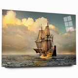 Large abstract wall art of a ship, in blue and gray tones on acrylic glass, ideal for dining room ambiance.