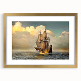 Textured art print of an abstract boat in gold and blue tones on a framed canvas, suitable for bedroom wall decor.
