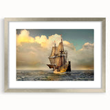 Abstract art print featuring a stylized ship in gray and silver tones on a framed canvas, suitable for dining room decor.