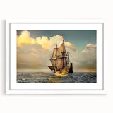 Abstract art print of a ship in muted blue and gray tones on a textured canvas.