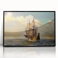 Large abstract wall art depicting a stylized boat, in muted blues and grays, framed in black acrylic.