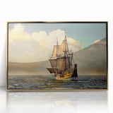 Mid-century modernist art of a ship on sea in muted blue and gold tones, acrylic print framed in gold.