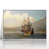 Mid-century modernist style large art print of a ship, in muted blue and white hues on framed acrylic.