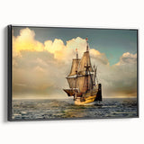 Black and white vintage poster art of a ship on framed canvas, ideal for bedroom wall decor.