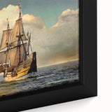 Framed canvas of a large ship in black with colorful textured details, suitable for living room decor.