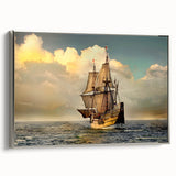 Vintage poster art of a ship, rendered in colorful art on black background, framed canvas, ideal for living room decor.