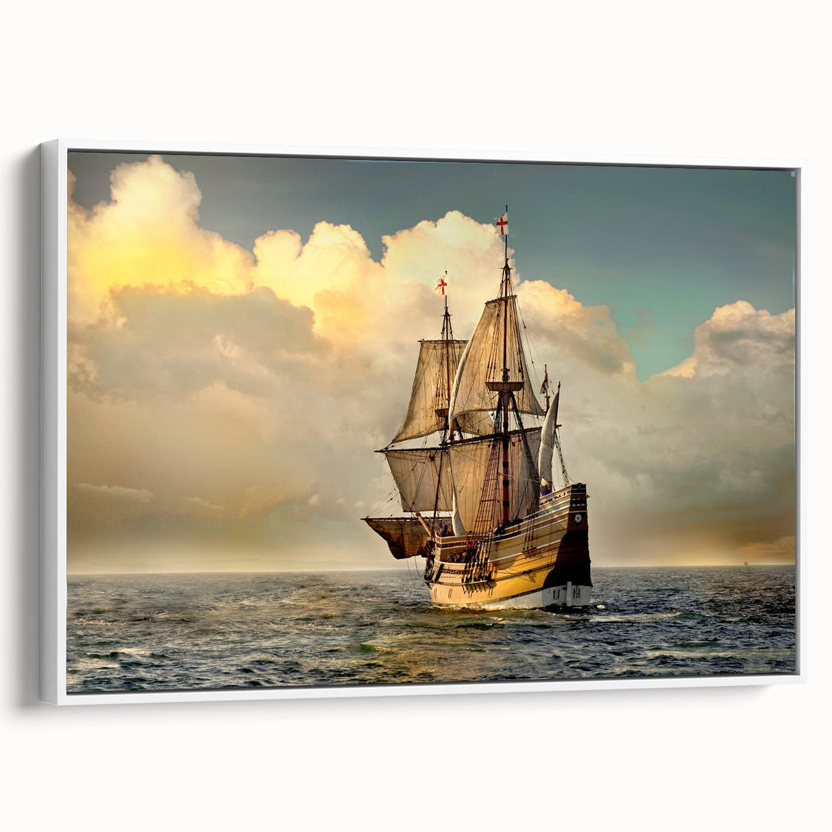 Framed canvas featuring a vintage poster art of a black ship on a white background, ideal for bedroom wall decor.