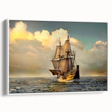 Framed canvas featuring a vintage poster art of a black ship on a white background, ideal for bedroom wall decor.