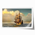 Extra large wall art depicting a vintage ship in muted blue tones on rolled canvas, ideal for dining room decor.