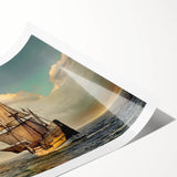Extra large wall art featuring a detailed illustration of a vintage ship in muted earth tones on rolled canvas.