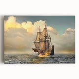 Black and white photographic print of a ship on stretched canvas, ideal for kitchen wall art.