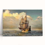 Black and white photo of a ship on stretched canvas, ideal for kitchen wall art or bedroom decor.
