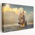 Large art print of a ship on a vibrant blue ocean, printed on stretched canvas, suitable for kitchen wall art.