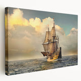 Large art print of a ship on a vibrant blue ocean, printed on stretched canvas, suitable for kitchen wall art.