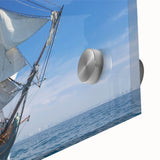 Large abstract wall art featuring a close-up acrylic print of a ship, in muted blue and gray tones.